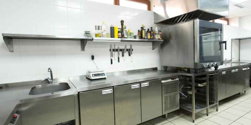 restaurant equipment 
inside a commercial kitchen